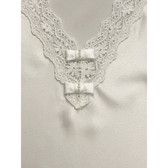 Oscar de la Renta Vintage Ivory Satin Nightgown Lace Bow Pearl SZ Small *READ* - Picture 12 of 12